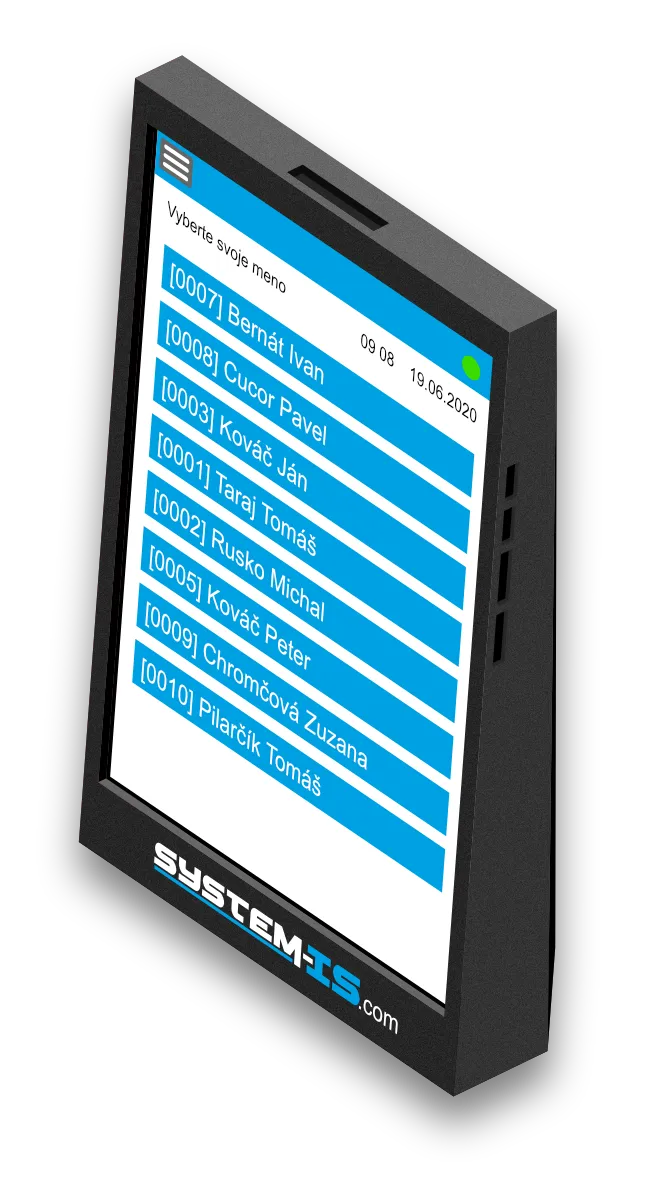 Dochádzkový terminál Touch System-IS AMS s výberom mena pre zápis dochádzky.