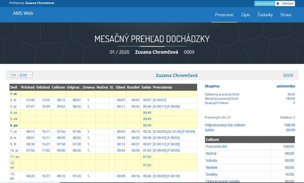 Zobrazenie mesačného prehľadu vo webovom terminály